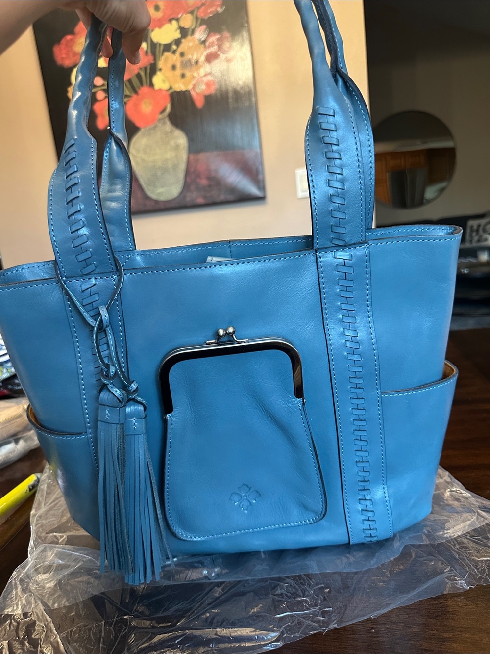 Patricia Nash Turquoise Leather Tote with Tassel and Kiss-Lock Pocket